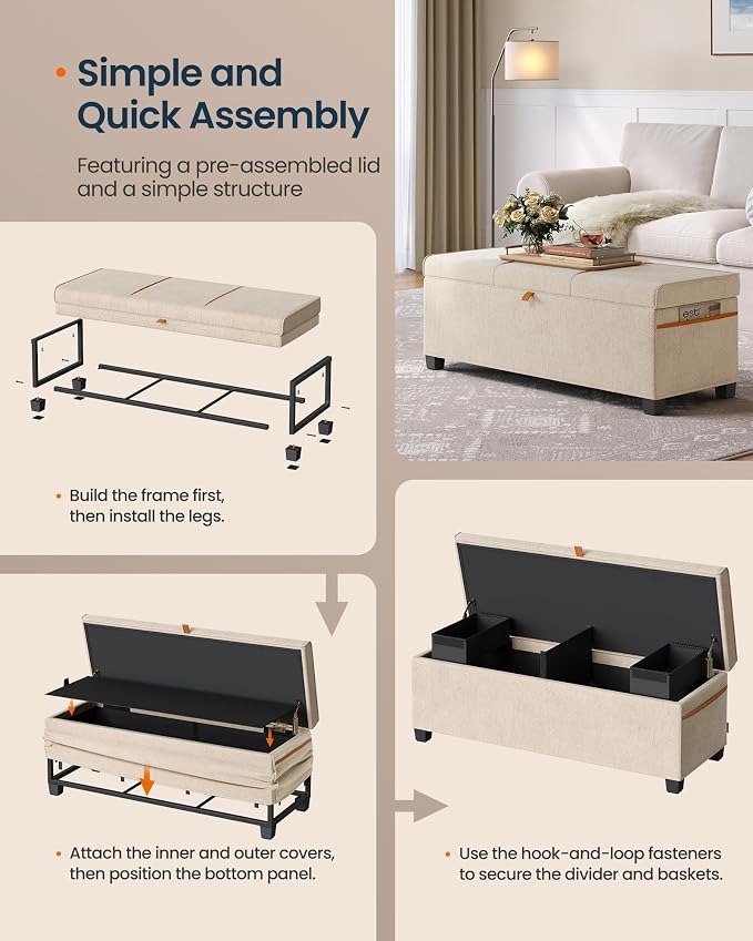 SONGMICS Home Storage Ottoman, 27 Gallons End of Bed Bench, 15.9 x 43.5 x 15.9 Inches, for Bedroom, Entryway, Living Room, Beige
