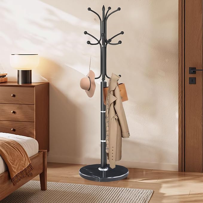 Coat Rack Stand,Black Metal Coat Rack Freestanding with 12 Hooks | Modern Coat Rack with Natural Marble Base,Heavy Duty Coat Hanger Stand, Coat Hall Clothes Tree Stand for Office,Bebroom