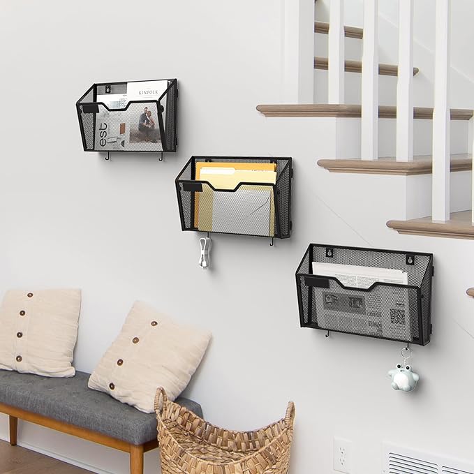 YINGHUA 6 Pack Wall Mounted Mesh File Folder Organizer with Hooks, Black | 12.6" durable metal hanging baskets. Perfect vertical storage for mail, magazines and papers in office, home or school.