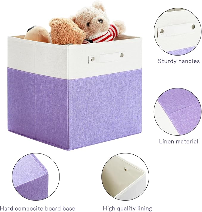 FinishingBo 13x13x13 Storage Cube Bins 4 Pack, Cube Shelf Baskets | Foldable Storage Cubes, Linen Storage Bins with Handles, Closet Organizers, White/Purple