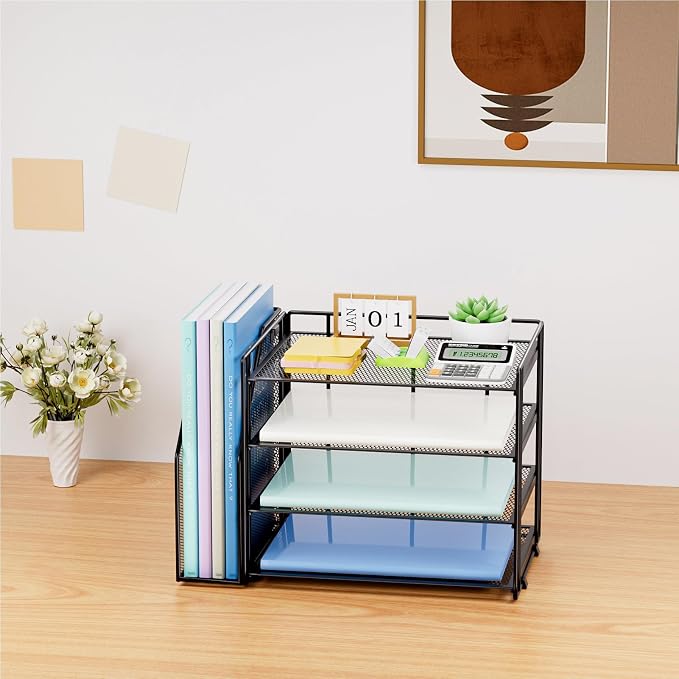 Marbrasse 4-Tier Paper Tray Organizer with File Holder, Black | Sturdy Paper Tray, Built-in File Holder, fits Letters/Docs, Saves Desk Space, for School/Office/Home