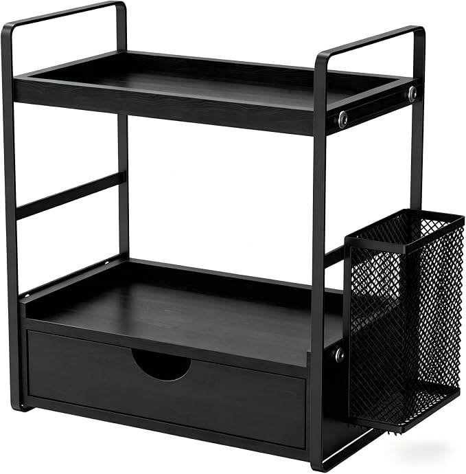 Bathroom Counter Organizer with Basket, Bathroom Organizers and Storage,Skincare Organizers for Vanity,Storage Organizers for Bathroom, Kitchen, Dresser (Black with Drawer)