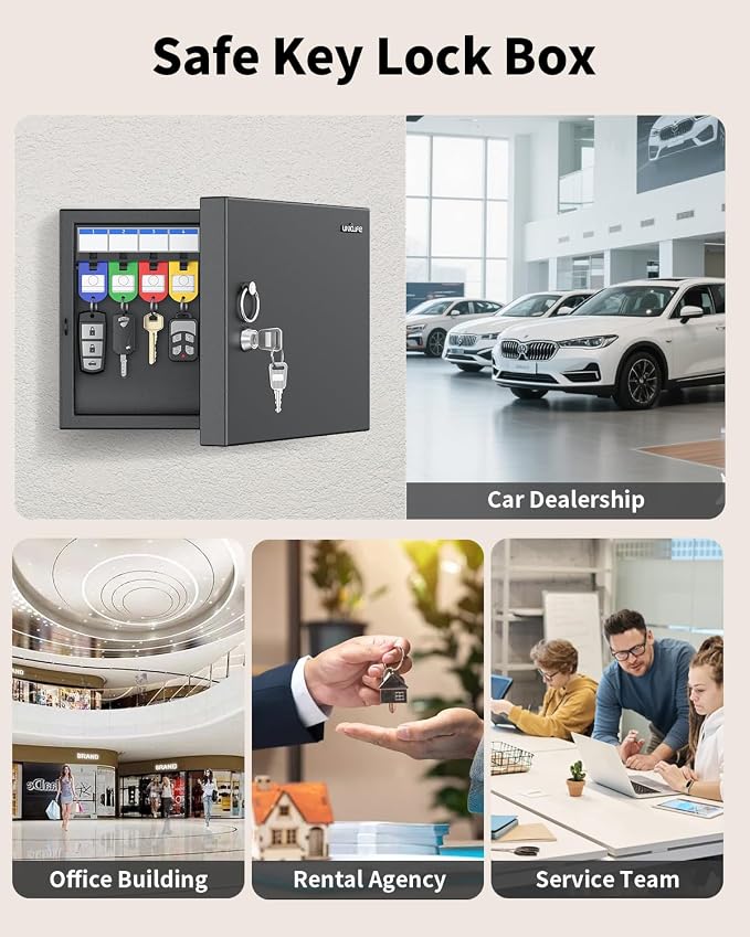 Uniclife 16 Keys Key Lock Box, Wall Mount Key Box, Car Key Organizer with Writable Key Racks and Tags, Security Key Cabinet, Car Key Holder Storage Box for Office, Hotel & Company