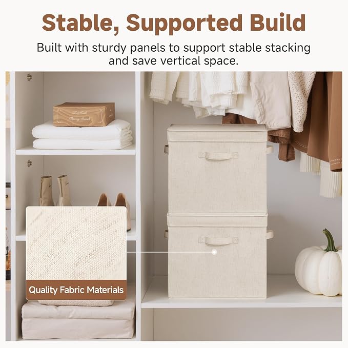 StorageWorks Storage Bins with Lid, Decorative Fabric Storage Bins with Handles, Stackable Closet Organizers for Shelves and Bedroom, Large, Beige(Natural Fabric), 2-Pack