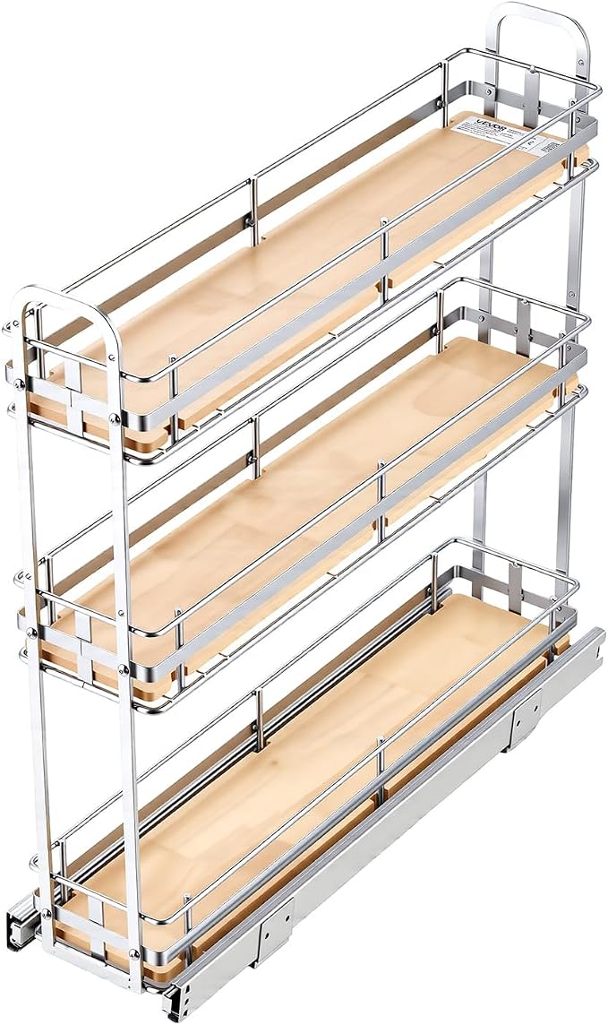 VEVOR Pull Out Spice Rack Organizer for Cabinet, 3 Tier Slide Out Spice Rack Organizer, Height Adjustable Heavy Duty Metal Seasoning Kitchen Basket for Cabinets, 5.75" W x 20.98" D x 21.34" H, Silver