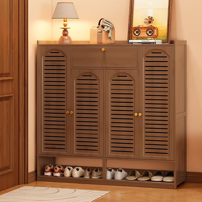 Shoe Cabinet with Louvered Doors, Freestanding Entryway Shoe Storage Cabinet with Drawer & Open Compartment, Modern Bamboo Shoe Rack Organizer with Shelves for Closet