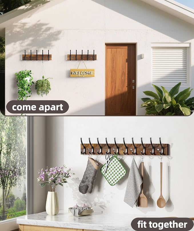 Optish 1 Pack Wooden Coat Rack Wall Mount, 16.1" Rustic Coat Hanger Hooks with 5 Double Hooks, Wall Coat Rack for Hat, Clothes, Bags, Jacket, Brown