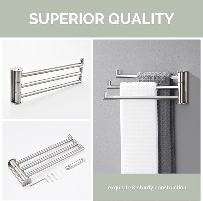 Angle Simple Swivel Hand Towel Holder 3 Bars, Brushed Nickel, 9.84" | SUS304 Stainless Steel Bathroom Kitchen Towel Rack Hanger, Fold Flat to the Wall, Screws Mount