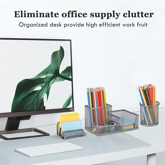 Pen Holder for Desk, 6 Pieces Mesh Desk Organizer set 3 Compartments pens holder, Mail Organizer Home Office Supplies Caddy Storage Baskets for Desktop Accessories(Sliver)