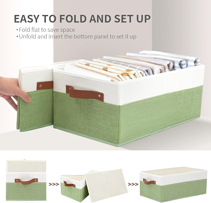 3 Pack Large Capacity Storage Bins Closet Organizer for Shelves | Fabric Closet Storage Baskets Boxes with Leather Handles for Organizing Clothes, Sheets, Jeans, Toys, Books (Green)