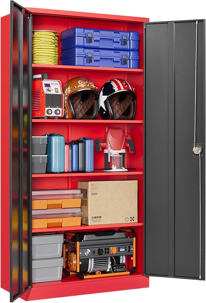 Letaya Metal Storage Cabinets with Lock, 72" Tall Locker Organizer Steel Cabinets, Adjustable Layers Shelves 2 Doors for Home, Office, Warehouse,Garage(Black Red)