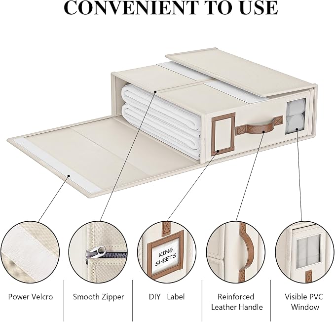 8 Pack Foldable Bed Sheets Set Organizers and Storage(King & Queen Size),Linen Fabric Closet Organizers with Window,Folding Bedding Storage Box for Bedsheets and Pillow Cube Organizer-Beige