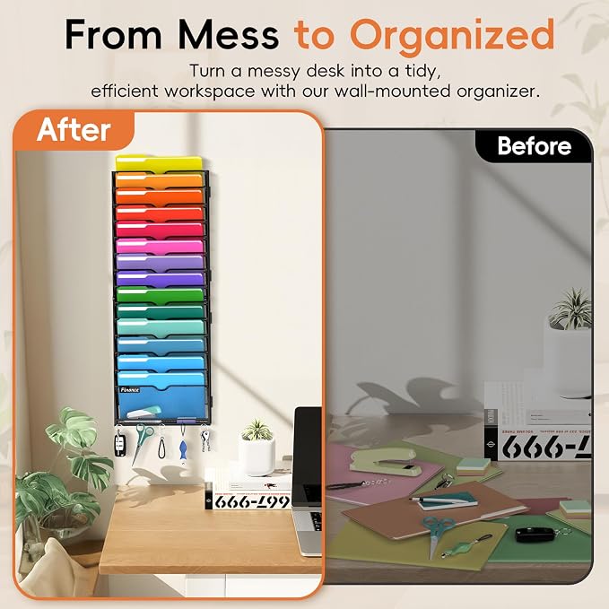 15-Tier Wall File Organizer with Hook, Hanging File Organizer Black | Wall-mounted mail storage holds papers, folders, files, clipboards and magazines, assembly required for office or home use.