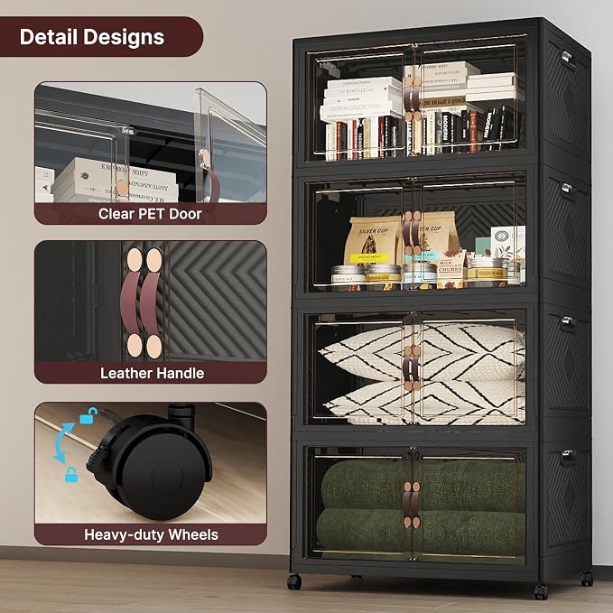UAMFURI Stackable Storage Bins with Lids, 720QT Lockable Storage Cabinet | Foldable Storage Box with Doors and Wheels, Plastic Drawers for Home, Garage, Office (4, Black, Extra Large)