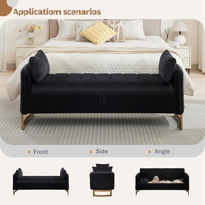66" End of Bed Storage Bench King Size, Velvet Storage Benches for Bedroom Foot of Bed, Upholstered Storage Ottoman Bench with Golden Legs and Pillow for Living Room Window Entryway, Black