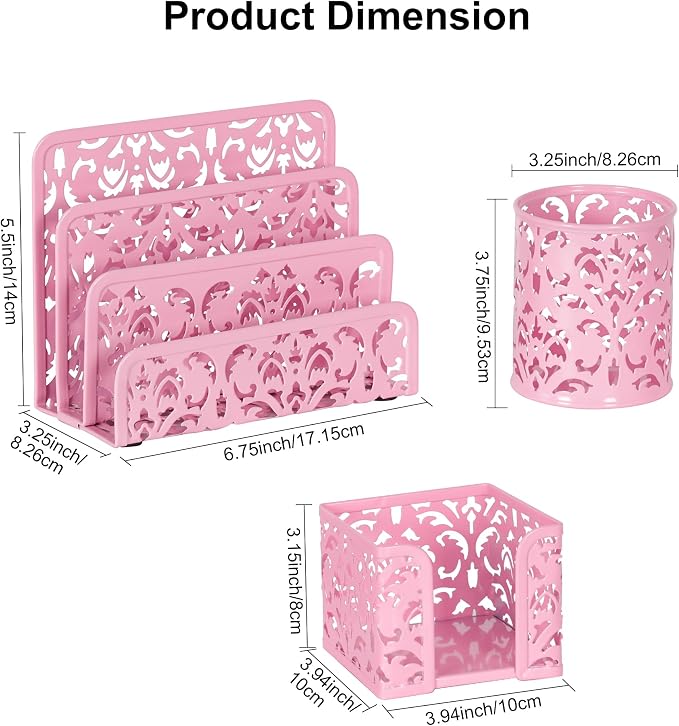 EasyPAG Desk Organizers and Accessories 3 Pieces Office Organizer Set - Pen Holder for Desk, Mail Sorter Countertop and Sticky Note Holder, Pink