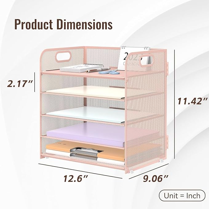 Supeasy 5 Trays Paper Organizer Letter Tray with Handle-Mesh Desk File Holders, Paper Sorter Desk Organizer for Office, Home, Classroom or School, Pink