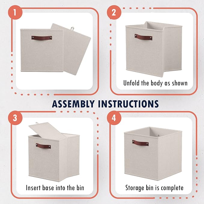 Ornavo Home 13x15x13 Foldable Fabric Storage Cube Bins, 6 Pack, Beige | Collapsible Linen Shelf Basket Organizer; Leather Handles; Fits Cube Storage Shelving Units