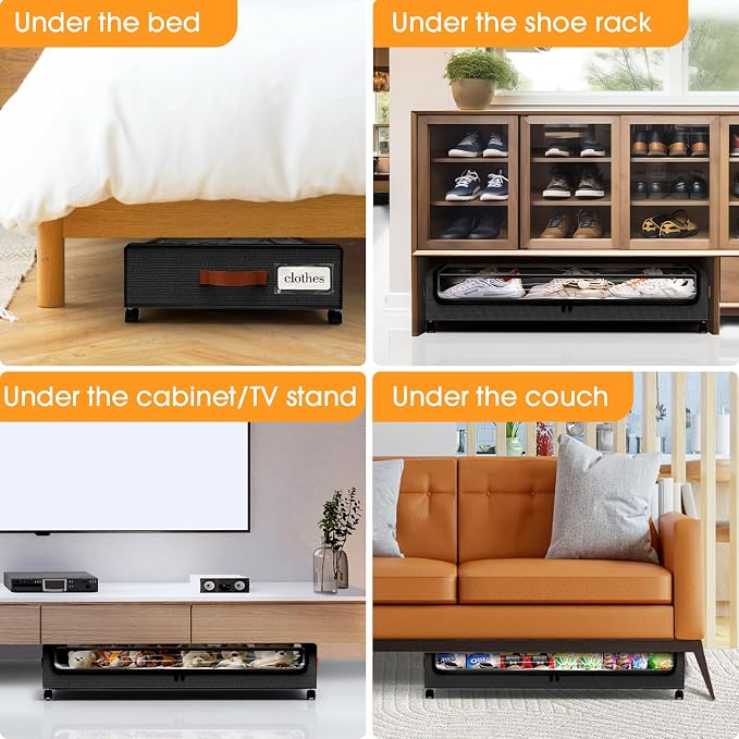 SpaceHacks Under Bed Storage with Wheels 1Pack Storage Containers with Clear Window&Label Under Bed Drawers Rolling Under Bed Storage for Clothes,Shoes, Blankets (30.71 x 16.93 x 6.69 in, Black)