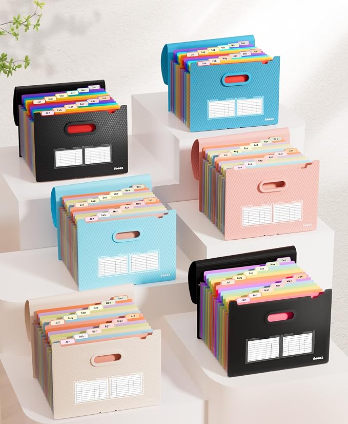 Sooez Upgraded Accordion File Organizer, Expanding File Folder with Deeper 12 Pockets - Never Cover Up Index Tabs, Monthly Bill Paper Receipt Document Organizer, Letter A4 Size for Home Office School