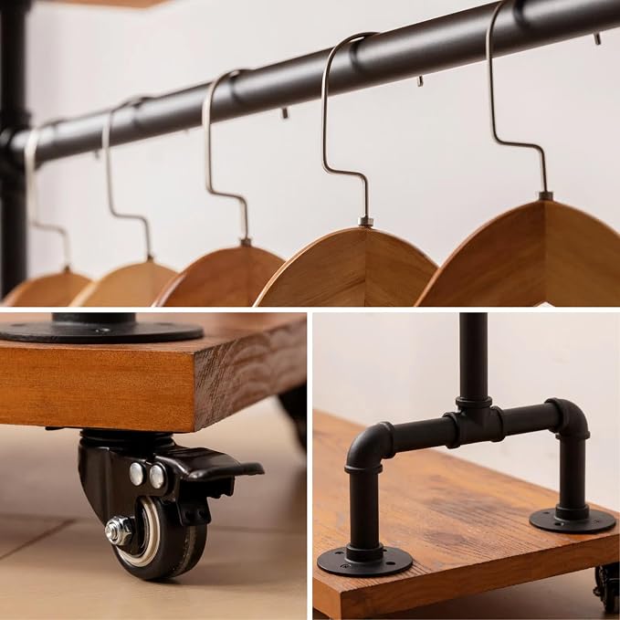 Industrial Pipe Clothing Rack, Wood Clothes Rack, Rolling Garment Rack | Iron Clothing Hanging Rod with Shelves, Wheels and Hangers, Heavy Duty, Steampunk, Retail, Bed Room, Entry, Laundry Room