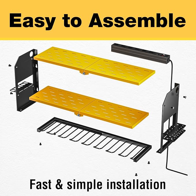 YYR Power Tool Organizer with Charging Station Wall Mount, Cordless Drill and Battery Holder for Garage Organization, Electric Tools Storage Rack Build in Surge Protection Power Strip - Yellow Shelf