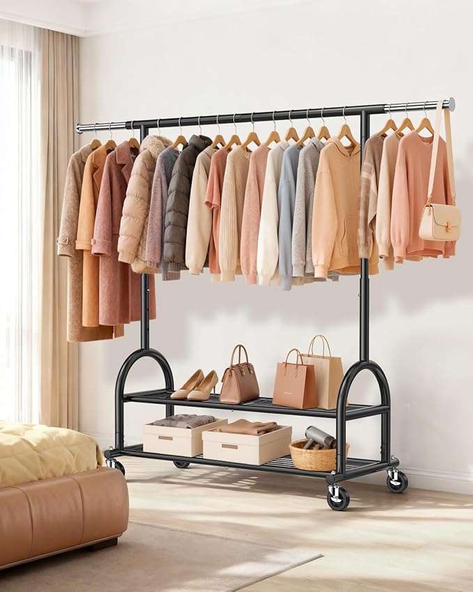 EAGMAK Heavy Duty Clothes Rack for Hanging Clothes Load 556 LBS, Height Adjustable Rolling Clothing Racks, Portable Metal Coat Rack Garment Wardrobe with Wheels and Shelves for Bedroom Laundry, Black
