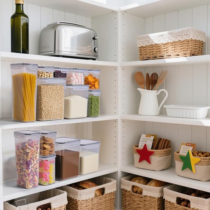 ComSaf Airtight Food Storage Containers with Lids 7size 11Pack, Stackable | Plastic Canister, Flour Sugar Cereal Pasta Rice Oats Coffee Snacks Dry Food, Pantry Kitchen, Label & Scoop, BPA-free, Clear