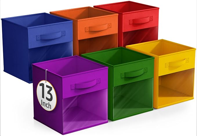 Sorbus 13 Inch Storage Bins with Clear Window - 6 Foldable Baskets for Organizing Clothes, Toys, Books - Sturdy Collapsible Fabric Storage Cubes with Handle - Storage Baskets for Shelves, Closets
