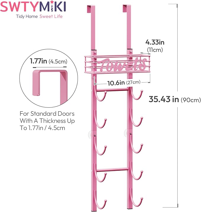 SWTYMIKI Hanging Towel Racks for Bathroom - 9 Tier Over the Door & Wall Mounted Bath Rolled Towel Storage for Women Girl, Door Towel Organizer Holder for Small Bathroom, RV, Camper