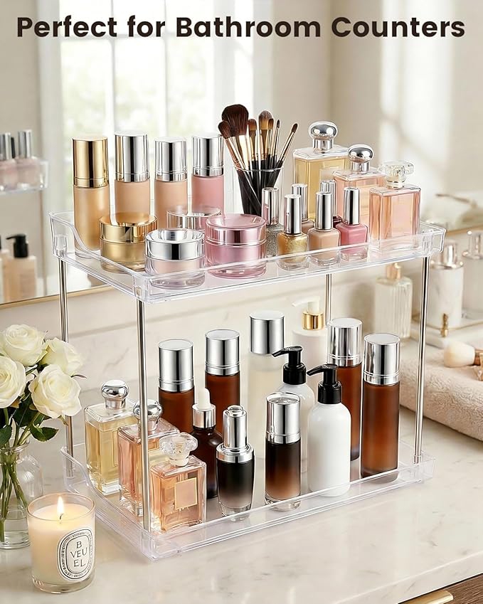2 Tier Bathroom Counter Organizer, Clear Vanity Shelf Organizer for Skincare & Perfume, Non-Slip Bathroom Counter Shelf for Small Spaces, Bathroom Vanity Organizer Countertop (Rectangular)