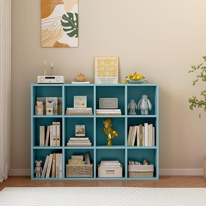 OSCHF 12-Cube Storage Shelf Bookcase, Light Blue | Wooden 3-Tier Open Bookshelf, Fits 11×11" Bins, Vertical or Horizontal Use, Full Back Panels, For Home Office