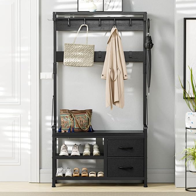 Hall Tree with Bench and Shoe Storage, 31.5” Coat Rack Freestanding | Black, 5 in 1 Intelligent Design, 17 Hooks, 2 Drawers, Handy Clothes Rail
