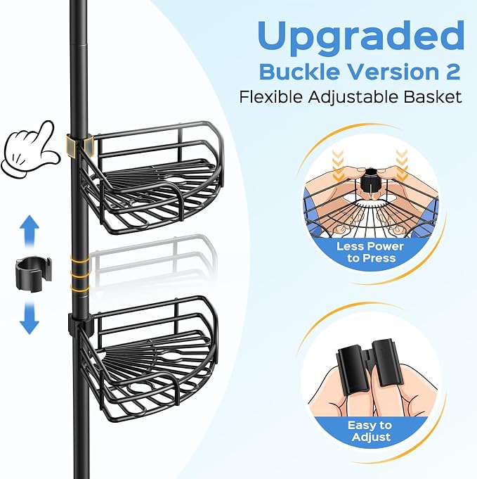 HAMITOR Corner Shower Caddy Tension Pole: 4-Tier Large Capacity Bathroom Organizer Shelf with Towel Bar - Rustproof No-Drill Adjustable 47-123 inch Storage for Renters, Home Bathtub Stand Rack, Black