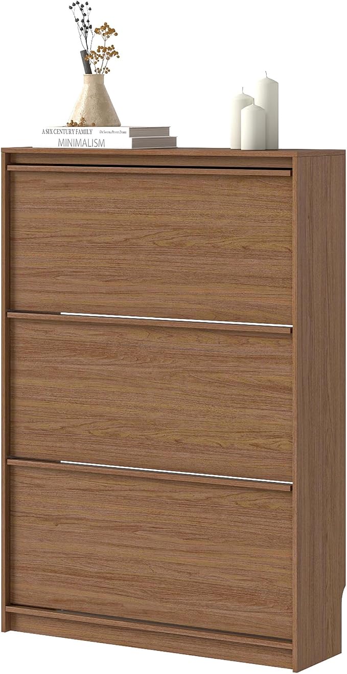 Shoe Cabinet with 3 Flip Drawers, 31.5" W Narrow Shoe Storage Cabinet for Entryway, Slim Shoe Organizer with Adjustable Shelves, Freestanding Shoe Rack for Hallway, Living Room, Walnut