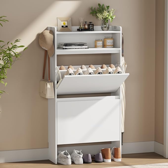 Slim Shoe Cabinet with 2 Flip Drawers & Open Storage, 23.6" W White | Freestanding shoe storage cabinet for entryway,foyer and hallway,Narrow design and space-saving flip drawers