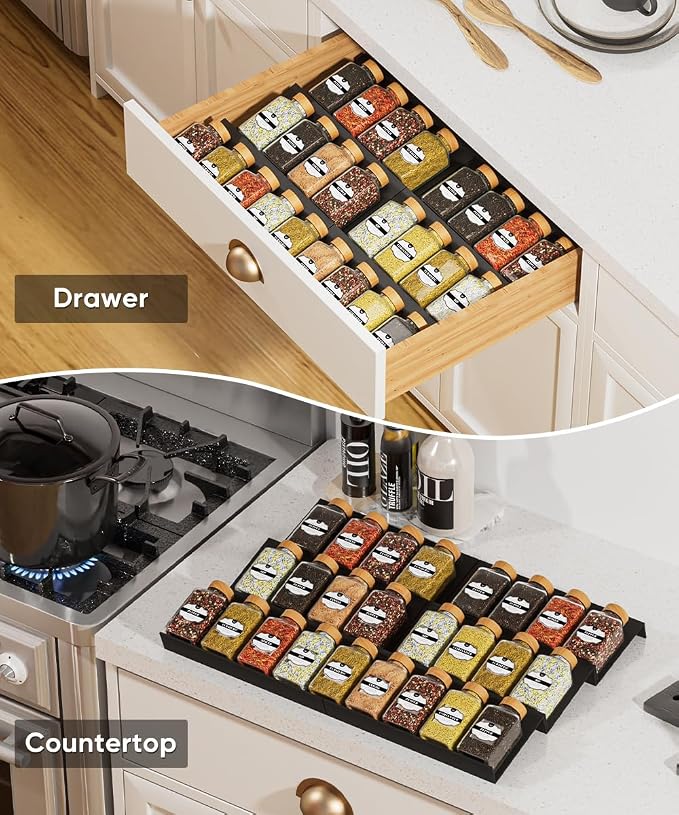 Spice Drawer Organizer, Spice Rack Tray for Kitchen Cabinet, Expandable Seasoning Storage Rack Insert for Drawer/Countertop,6 Pieces Set, Aluminum (Jars Not Included)