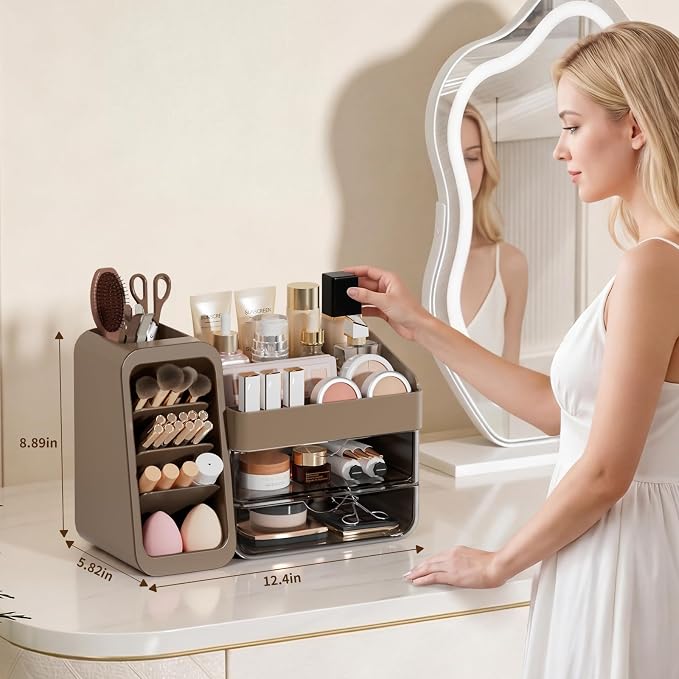 Countertop Makeup Skincare Organizer with Adjustable Brush Holder, Taupe | Extra Thick Plastic, Clear Drawers, Large Bathroom Vanity Counter Organizer, Cosmetic Storage for Perfume, Lipstick, Palettes