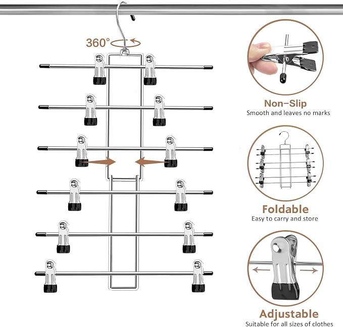 Pants Hangers with Clips,Space Saving Hanging Closet Organizer-6 Tiers Skirt Hangers with 360° Swivel Hook,Closet Organizer-Clothes Hangers- College Dorm Essentials Apartment Essentials- 6 Pack