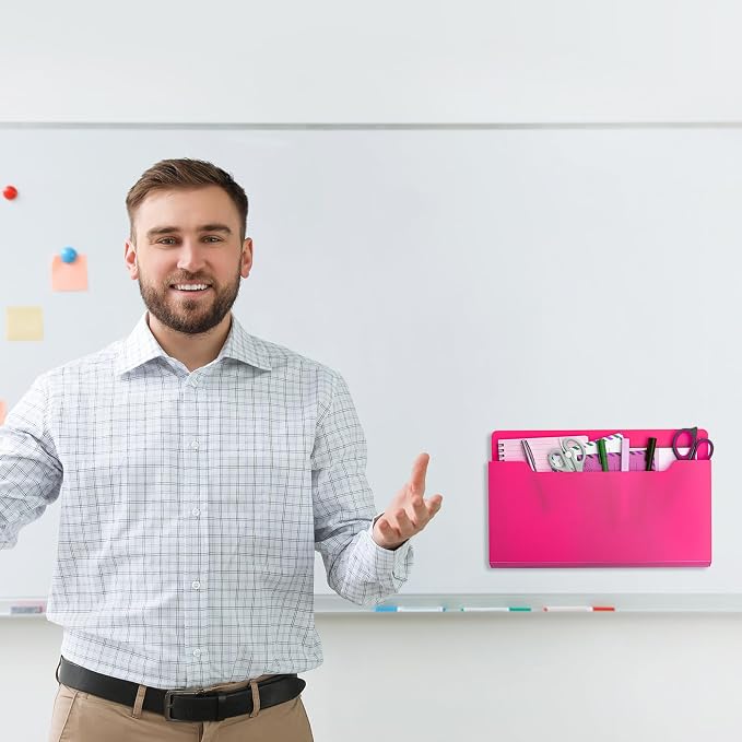 Feifeiya 2 Pcs Magnetic File Folder Wall Hanging Holder Large Pocket Paper Magazine Mail Organizer for Refrigerator Classroom Locker Whiteboard(Horizontal,Rose Red,13.8 x 8.3 Inches)