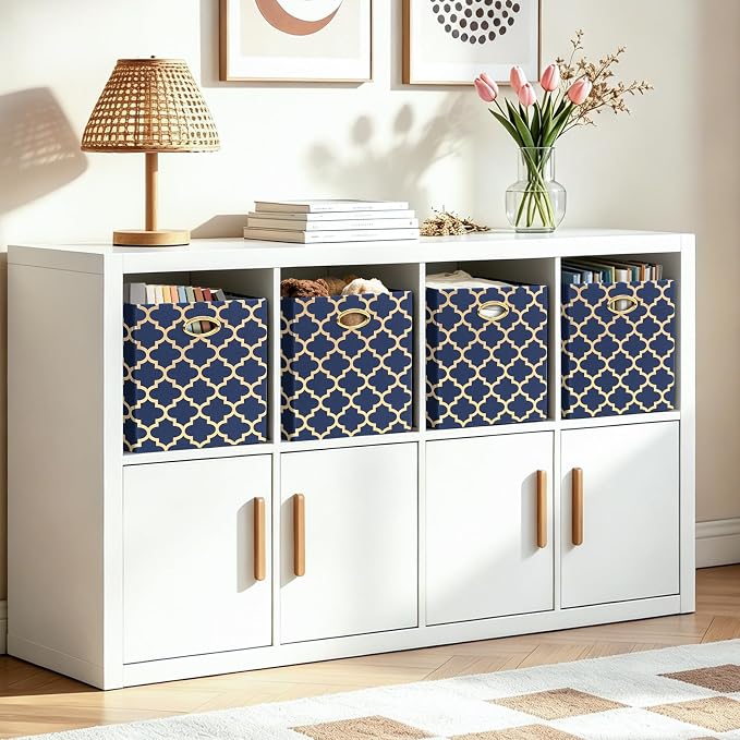 Posprica 13x13x13 Storage Cube Bins, Collapsible Storage Bins Fabric Storage Cubes Organizer Baskets Box Drawers for Shelves, Closet, Wardrobe, Bookshelf Blue/Gold Lantern, 4 Pack