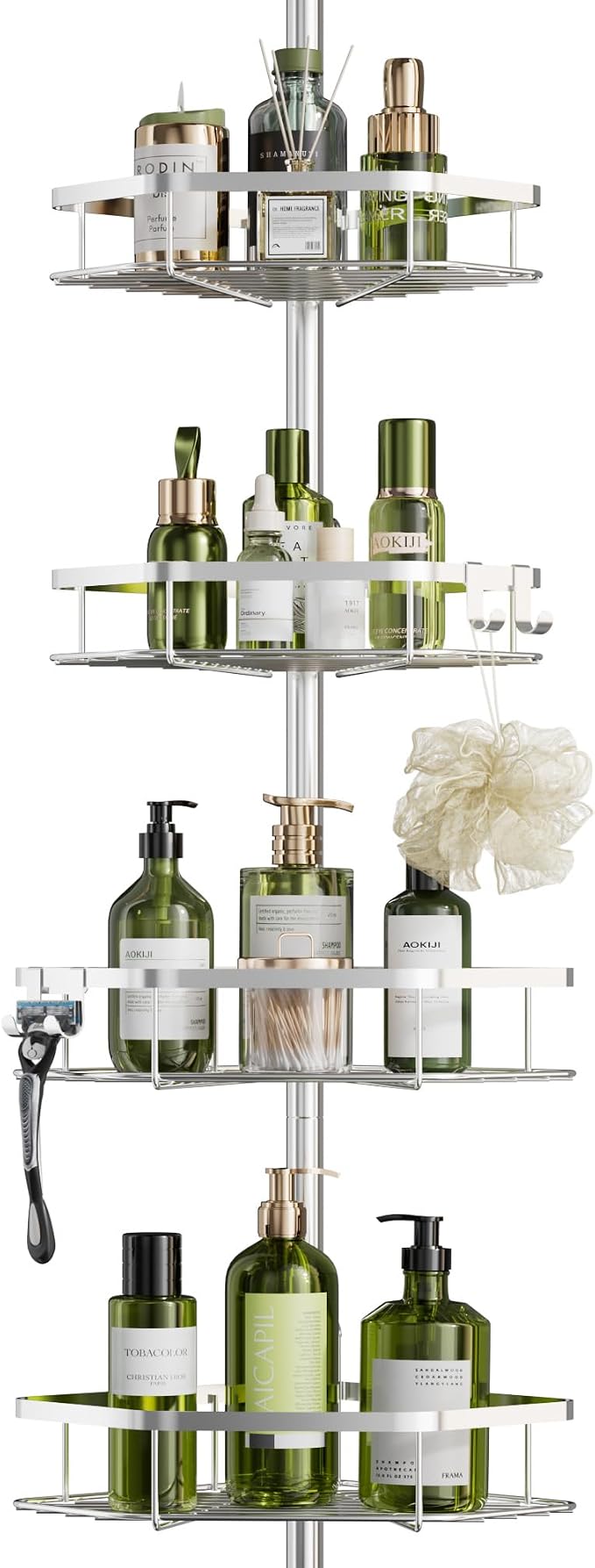 LAMU Stainless Steel Corner Shower Caddy Tension Pole,4-Tier Storage,Silver | Fits 37.8-124 in Heights, No Drilling, Strong Spring, 3 Adhesive Pads, 4 Hooks for Corner Shower Shelves, Bathroom & Bathtub