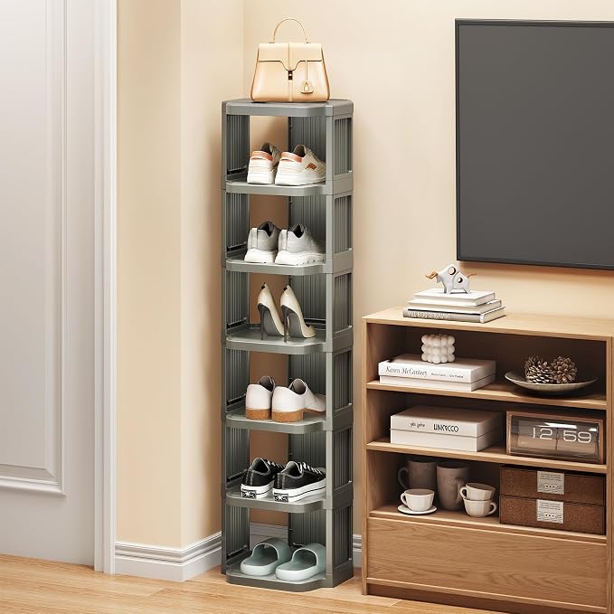 Kitstorack 5-Tier Vertical Plastic Shoe Rack, Freestanding Stackable Shoe Storage Organizer Cubes Shoe Shelf Tower or Small Closets and Tight Spaces, Gray