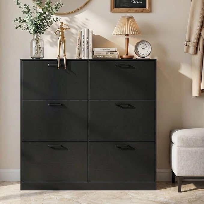 Shoe Cabinet with 6 Flip Drawers, Narrow Freestanding Shoe Organizer, Hidden Slim Shoe Storage Cabinet for Entryway, Hallway, Living Room, Black