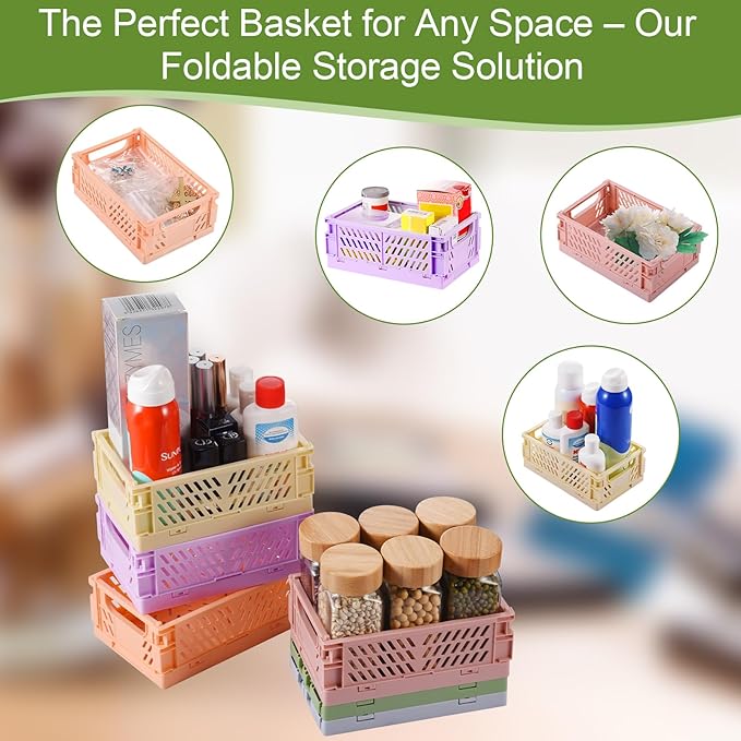HUUSMOT 6-Pack Collapsible Small Plastic Storage Baskets, 5.9"x3.8"x2.2" | Pastel, Space-Saving, Collapsible Plastic Bins, Cute Mini Storage Crates, for Classroom, Kitchen, Office, Bedroom