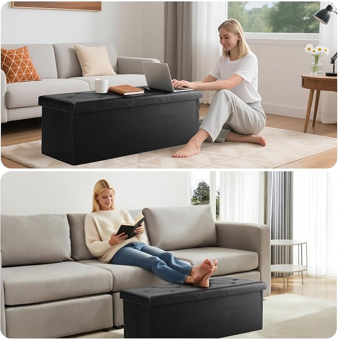 DUMOS 43 Inch Folding Ottoman with Storage Bench, Foot Rest Stool Ottoman | Upholstered End of Bed Storage Bench, Storage Ottoman Loads 660 Lbs for Bedroom, Living Room, Synthetic Leather, Black