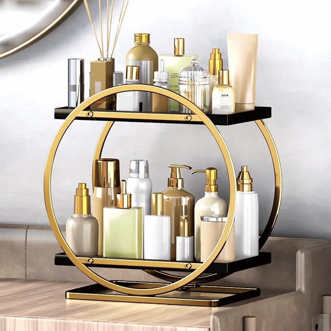 Makeup Organizer Vanity, Black Gold Perfume Organizer for Dresser | 2-Tier Bathroom Counter Organizers, Bathroom Countertop Shelf, Skincare Storage Perfume Stand, Vanity Trays Cosmetic Display