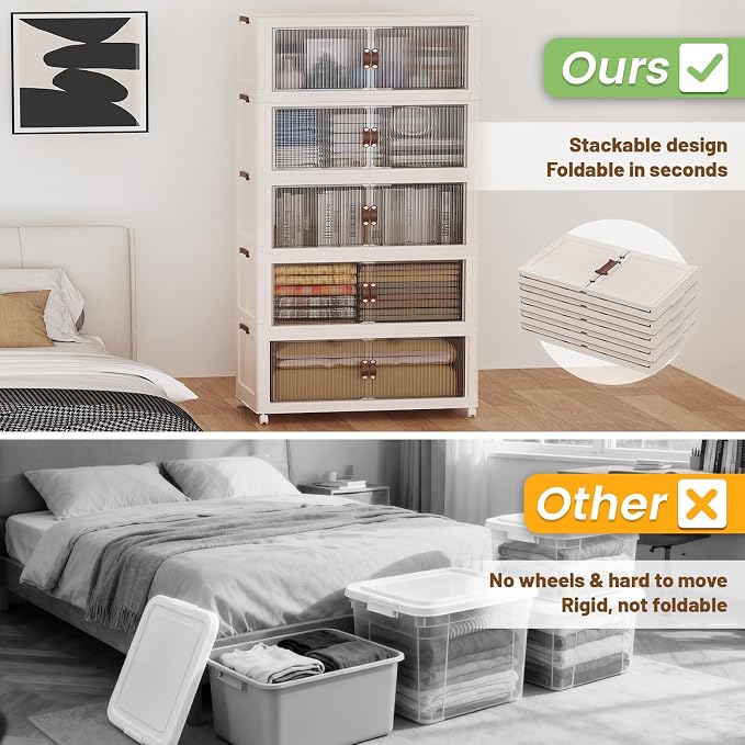 SAILUN 158Gal/635Qt Extra Large Stackable Storage Bins Folding Collapsible Storage Bins with a Lid, Closet Organizers and Storage Blush White 28" W x 17" D x 75" H