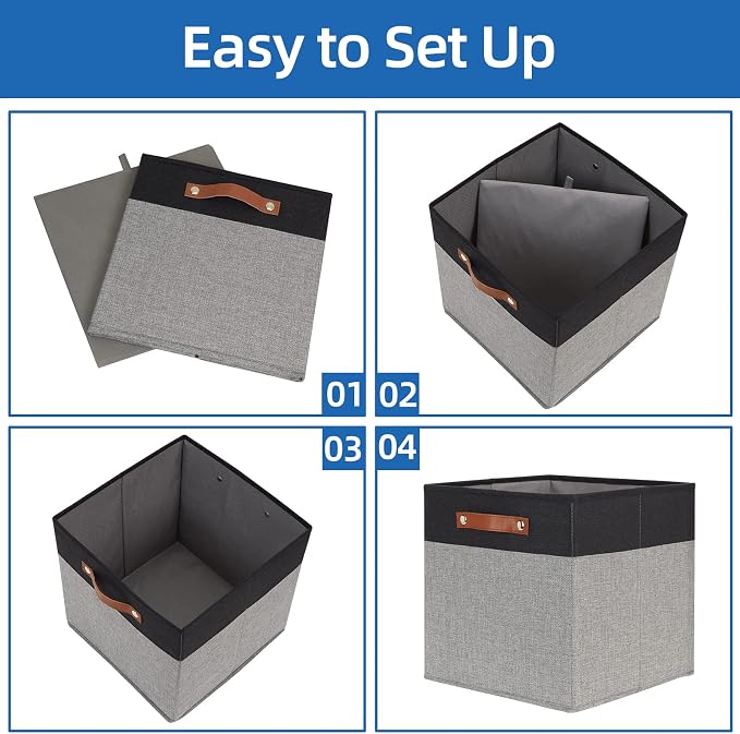 Temary 13 x 13 Storage Cubes Foldable Storage Cubes 4 Pack Canvas Storage Bin for Home, Square Storage Baskets with Leather Handles (Black&Grey)