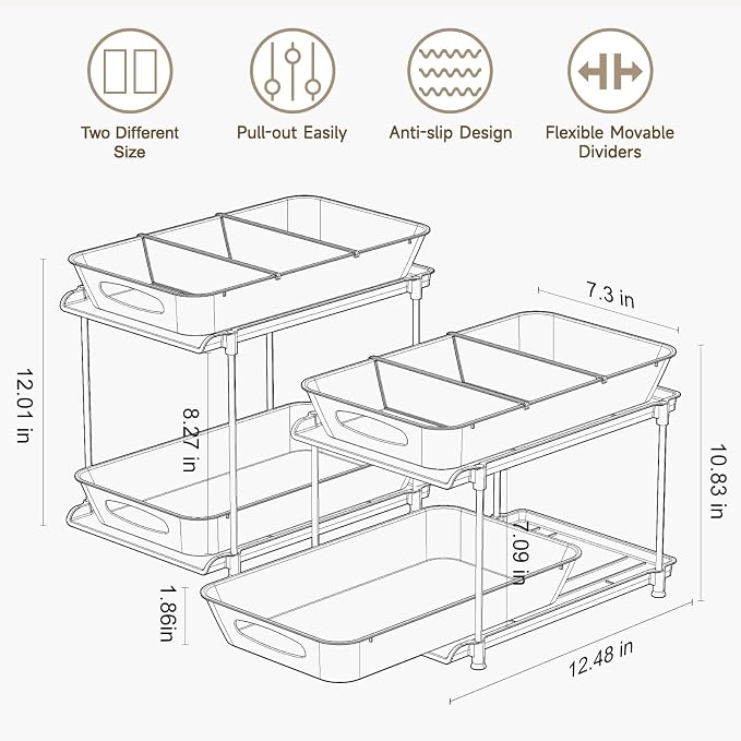 Sevenblue 2-Pack 2-Tier Under Sink Organizer with Pull Out Drawers | Multi-use kitchen & bathroom storage. Includes hanging hooks and cups. transparent, space-saving cabinet design. 12.8 Inch